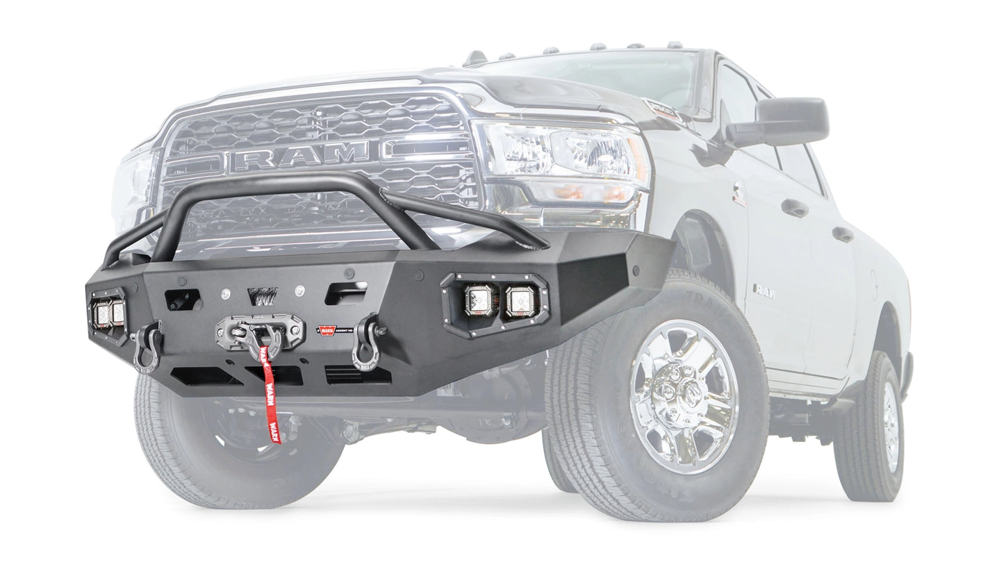Ghosted view of the WARN Ascent HD Front Bumper with Prerunner Grille Guard for 2019-2026 Ram 2500/3500/4500/5500
