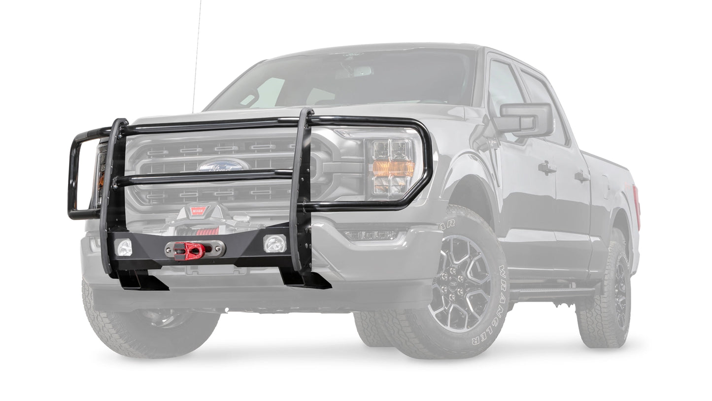 Ghosted view of the WARN Trans4mer Gen III Grille Guard Kit for 2021-2025 Ford F-150 grille guard winch mount kit, with full grille guard