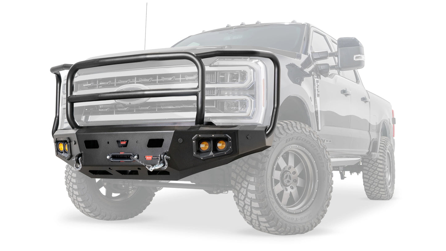 Ghosted view of the WARN Ascent HD Front Bumper with Full Grille Guard for 2023-2026 Ford Super Duty