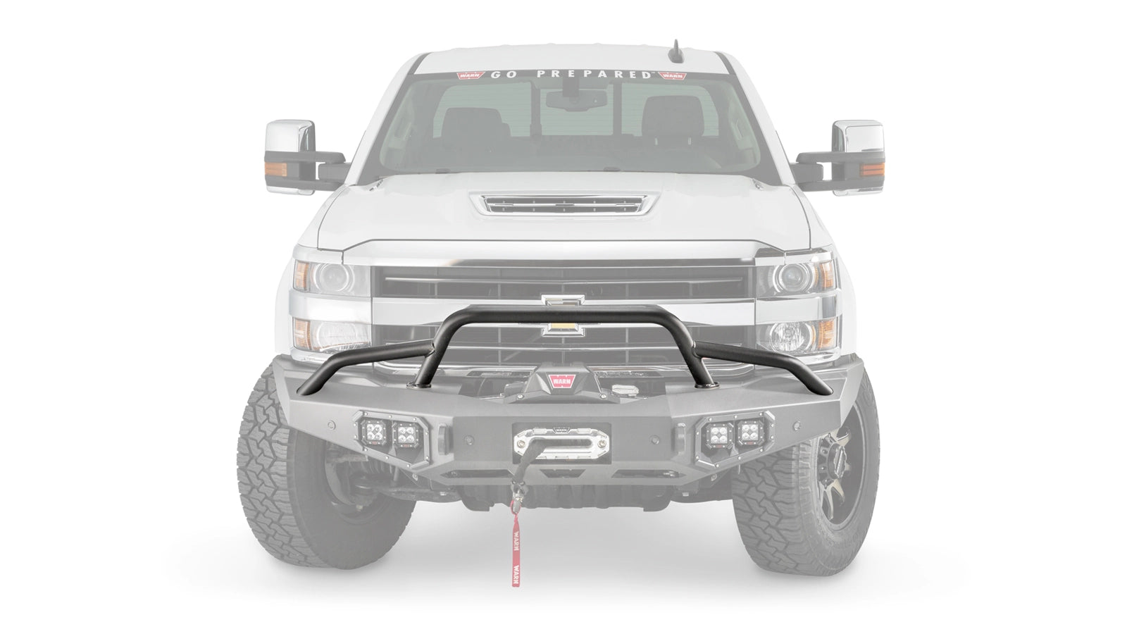 Ghosted view of the WARN Ascent Prerunner Grille Guard Tube for 2011-2018 Ram 2500/3500 front bumper, front ghosted view