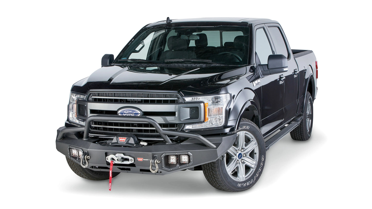Angled view of the WARN Ascent Front Bumper for 2018-2020 Ford F-150, left-side view