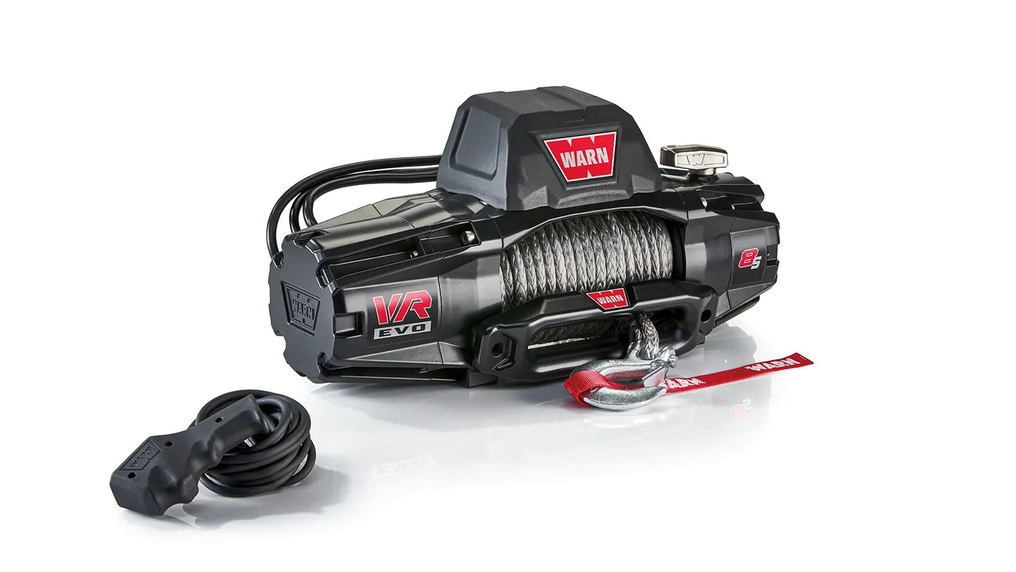 Angled view of the WARN VR EVO 8-S 8,000 lb truck, Jeep, and SUV winch with 90 ft synthetic rope and hawse fairlead