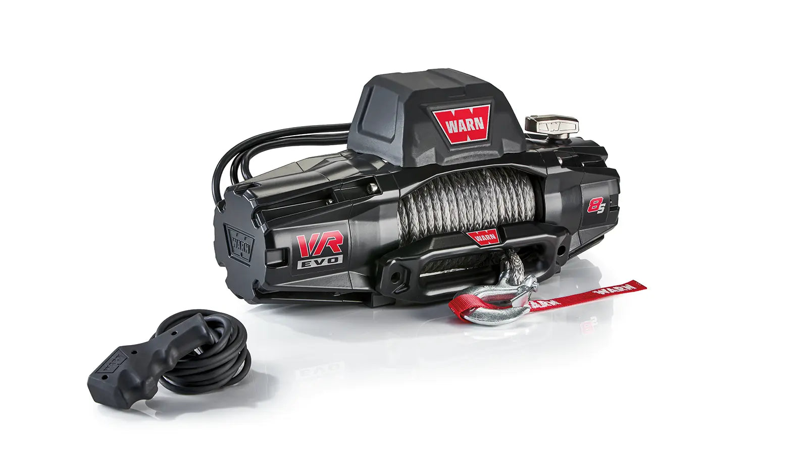 Angled view of the WARN VR EVO 8-S 8,000 lb truck, Jeep, and SUV winch with 90 ft synthetic rope and hawse fairlead