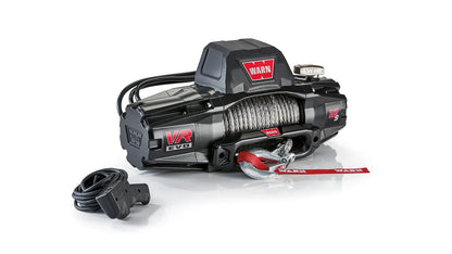 Angled view of the WARN VR EVO 12-S 12,000 lb truck, Jeep, and SUV winch with 90 ft synthetic rope and hawse fairlead