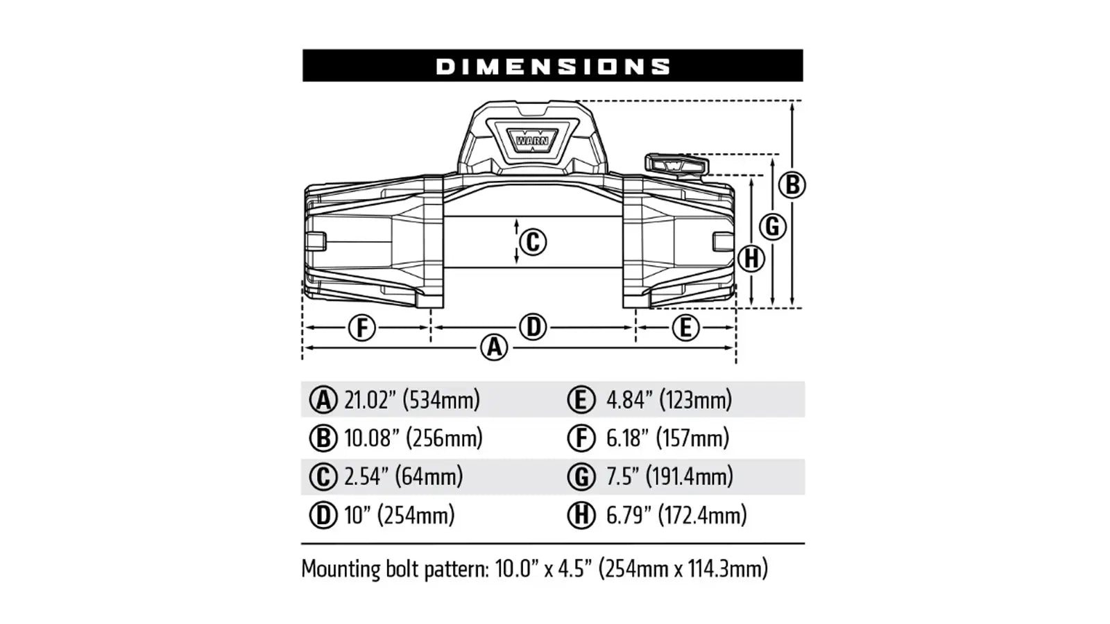 Dimension diagram for the WARN VR EVO 12-S 12,000 lb truck, Jeep, and SUV winch showing measurements and mounting layout