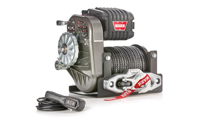 Angled view of the WARN M8274-S 10,000 lb truck, Jeep, and SUV winch with synthetic rope and hawse fairlead