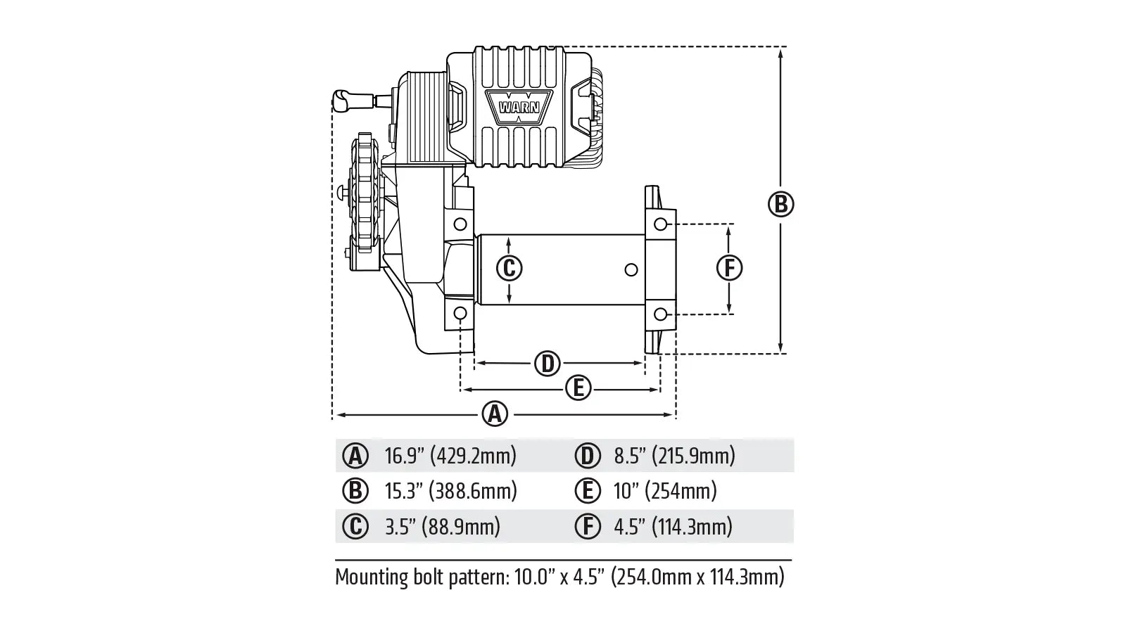 Dimension diagram for the WARN M8274-S 10,000 lb truck, Jeep, and SUV winch showing measurements and mounting layout