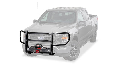 Ghosted view of the WARN Trans4mer Gen III Grille Guard Kit for 2021-2025 Ford F-150 grille guard winch mount kit