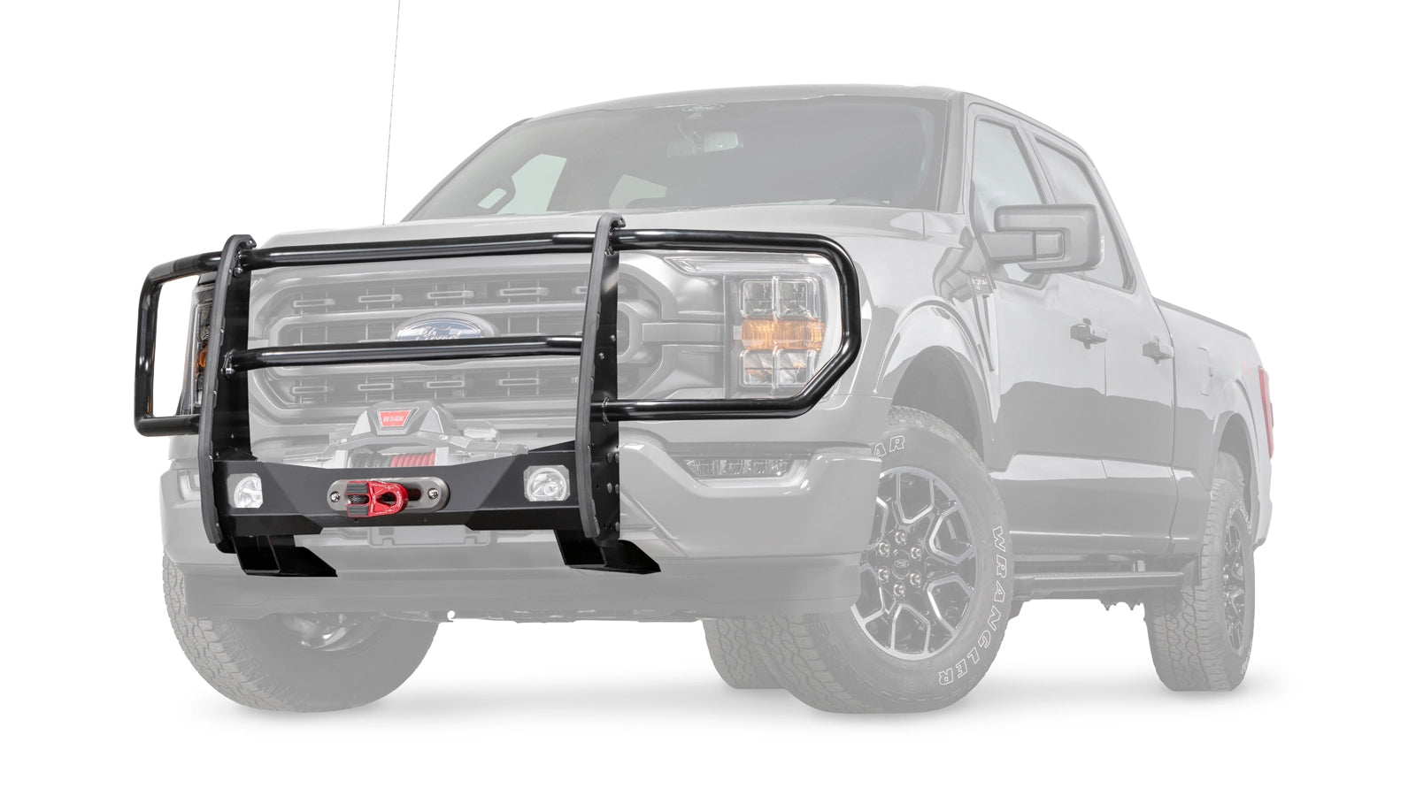 Ghosted view of the WARN Trans4mer Gen III Grille Guard Kit for 2021-2025 Ford F-150 grille guard winch mount kit, with full grille guard