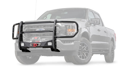 Ghosted view of the WARN Trans4mer Gen III Grille Guard Kit for 2021-2025 Ford F-150 grille guard winch mount kit, with full grille guard