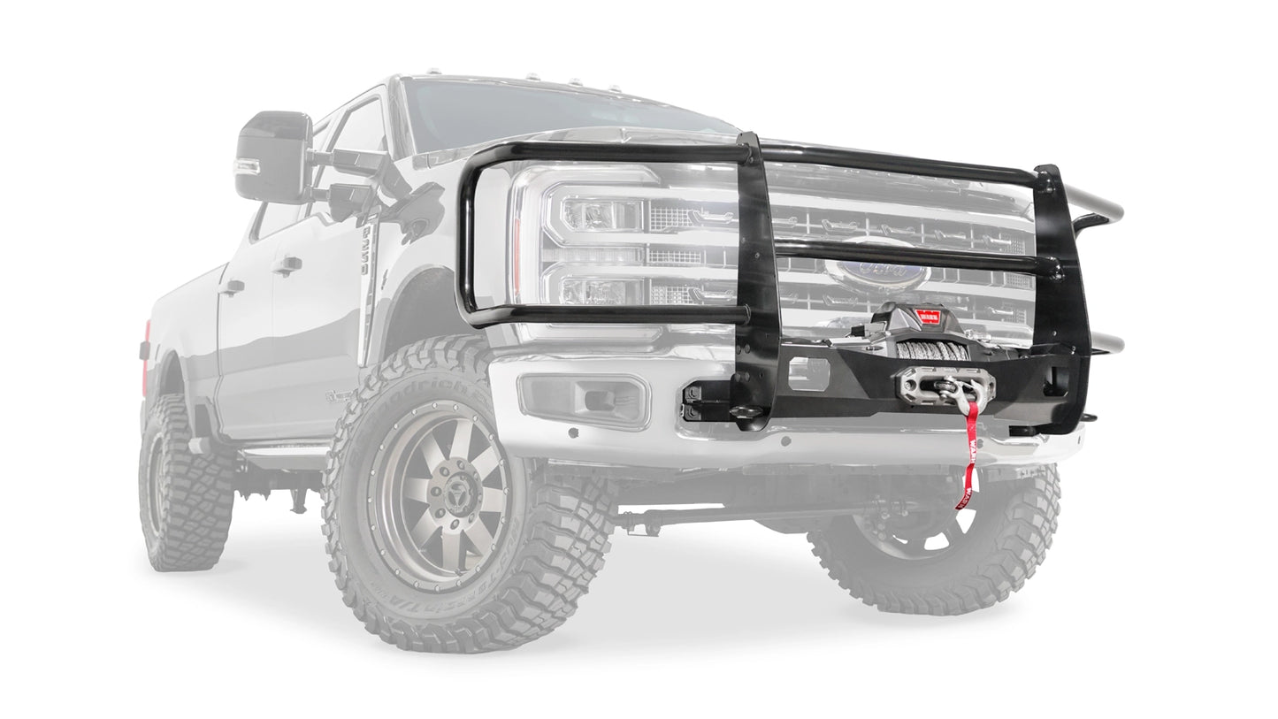 Ghosted view of the WARN Trans4mer Gen III Full Grille Guard grille guard winch mount kit, with full grille guard