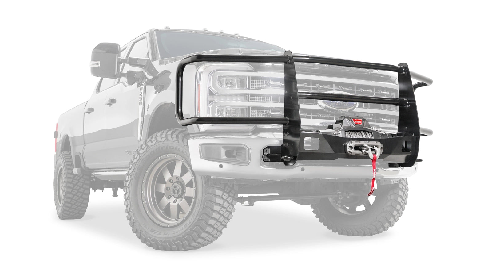 Ghosted view of the WARN Trans4mer Gen III Full Grille Guard grille guard winch mount kit, with full grille guard