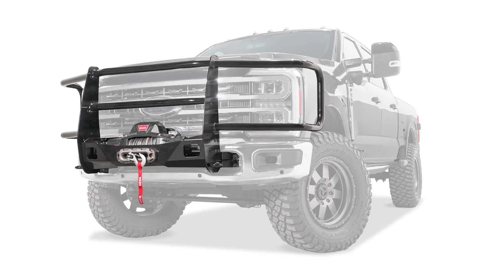 Ghosted view of the WARN Trans4mer Gen III Full Grille Guard with Headlamp Guards for 2023-2025 Ford Super Duty grille guard winch mount kit
