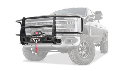 Ghosted view of the WARN Trans4mer Gen III Full Grille Guard with Headlamp Guards for 2023-2025 Ford Super Duty grille guard winch mount kit