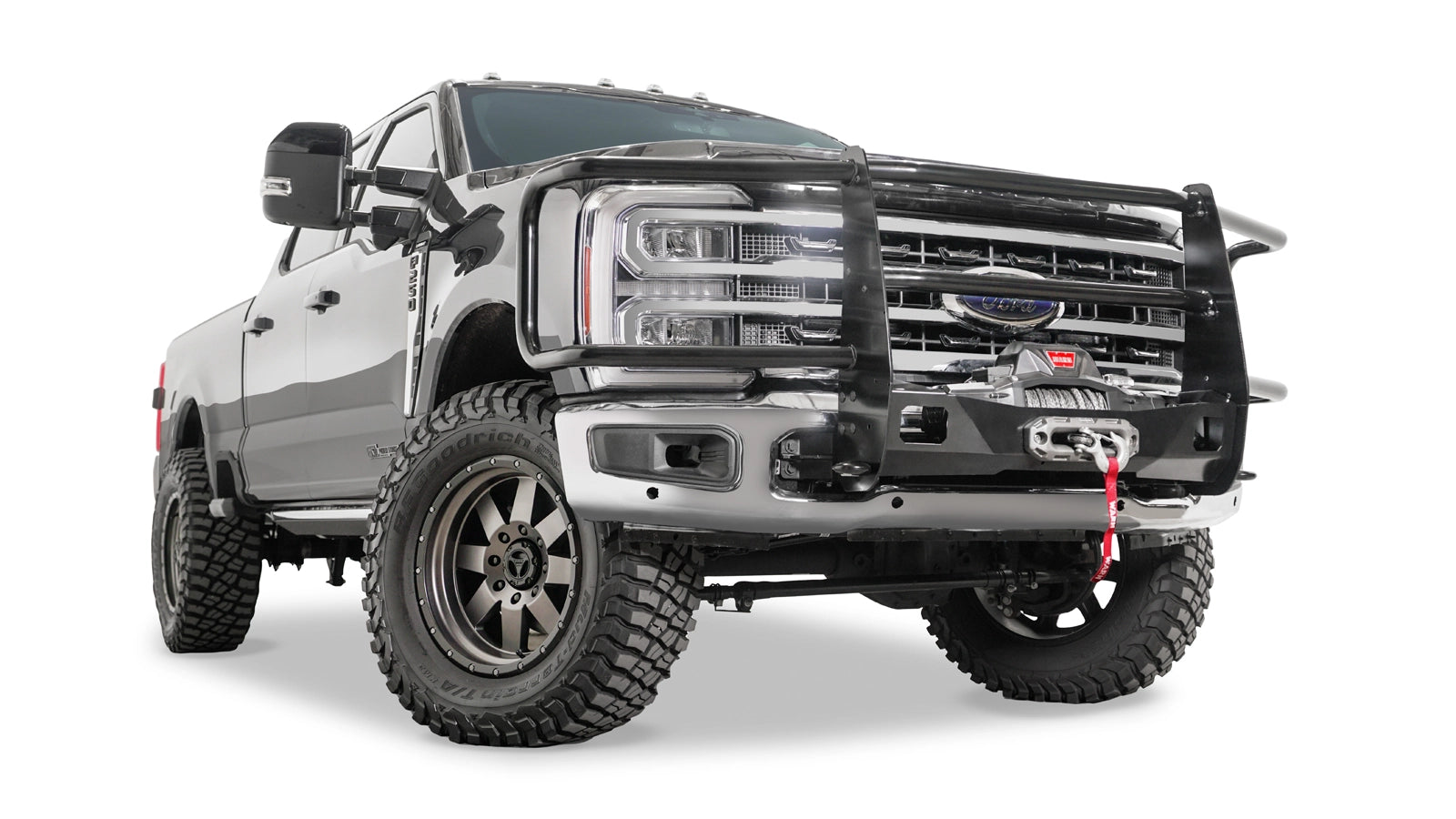 Additional view of the WARN Trans4mer Gen III Full Grille Guard with Headlamp Guards for 2023-2025 Ford Super Duty grille guard winch mount kit