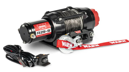 Angled view of the WARN R25-S 2,500 lb ATV/UTV winch with 50 ft synthetic rope and hawse fairlead