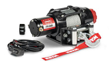 Angled view of the WARN R35 3,500 lb ATV/UTV winch with 50 ft steel rope and roller fairlead