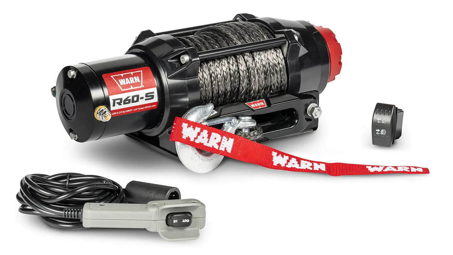 Angled view of the WARN R60-S 6,000 lb ATV/UTV winch with 50 ft synthetic rope and hawse fairlead