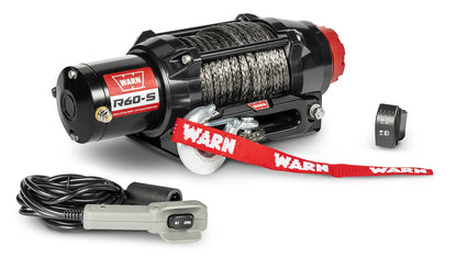 Angled view of the WARN R60-S 6,000 lb ATV/UTV winch with 50 ft synthetic rope and hawse fairlead