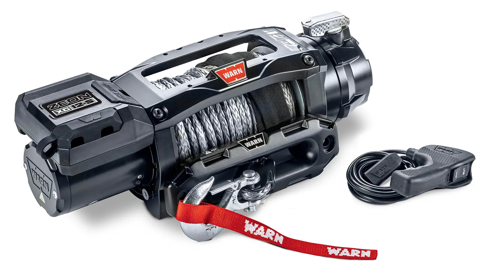 Angled view of the WARN ZEON XC 12-S 12,000 lb truck, Jeep, and SUV winch with 80 ft synthetic rope and hawse fairlead