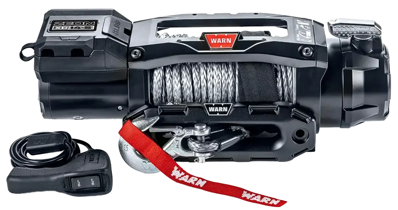 WARN ZEON XC 14-S winch with synthetic rope, hawse fairlead, and hook with red WARN strap