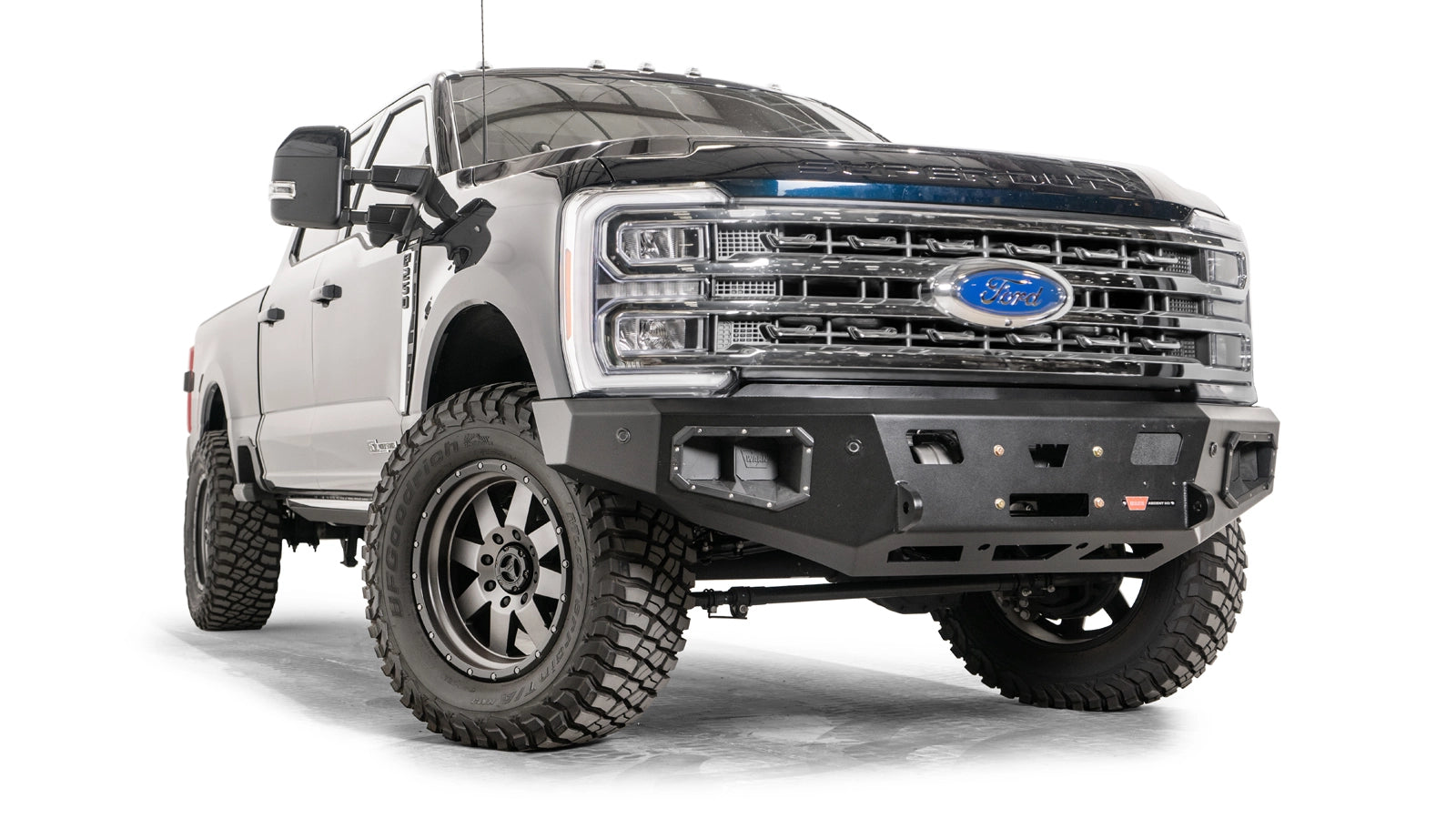 Angled view of the WARN Ascent HD Front Bumper for 2023-2026 Ford Super Duty