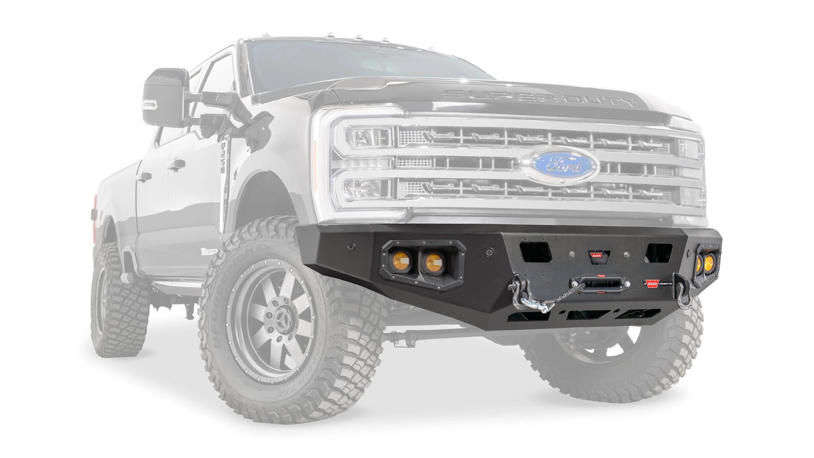 Ghosted view of the WARN Ascent HD Front Bumper for 2023-2026 Ford Super Duty, without grille guard