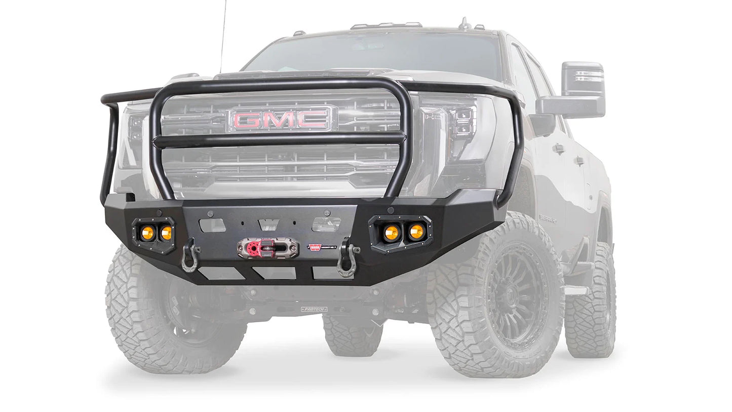 Ghosted view of the WARN Ascent HD Front Bumper with Full Grille Guard for 2024-2026 GMC Sierra 2500/3500 HD