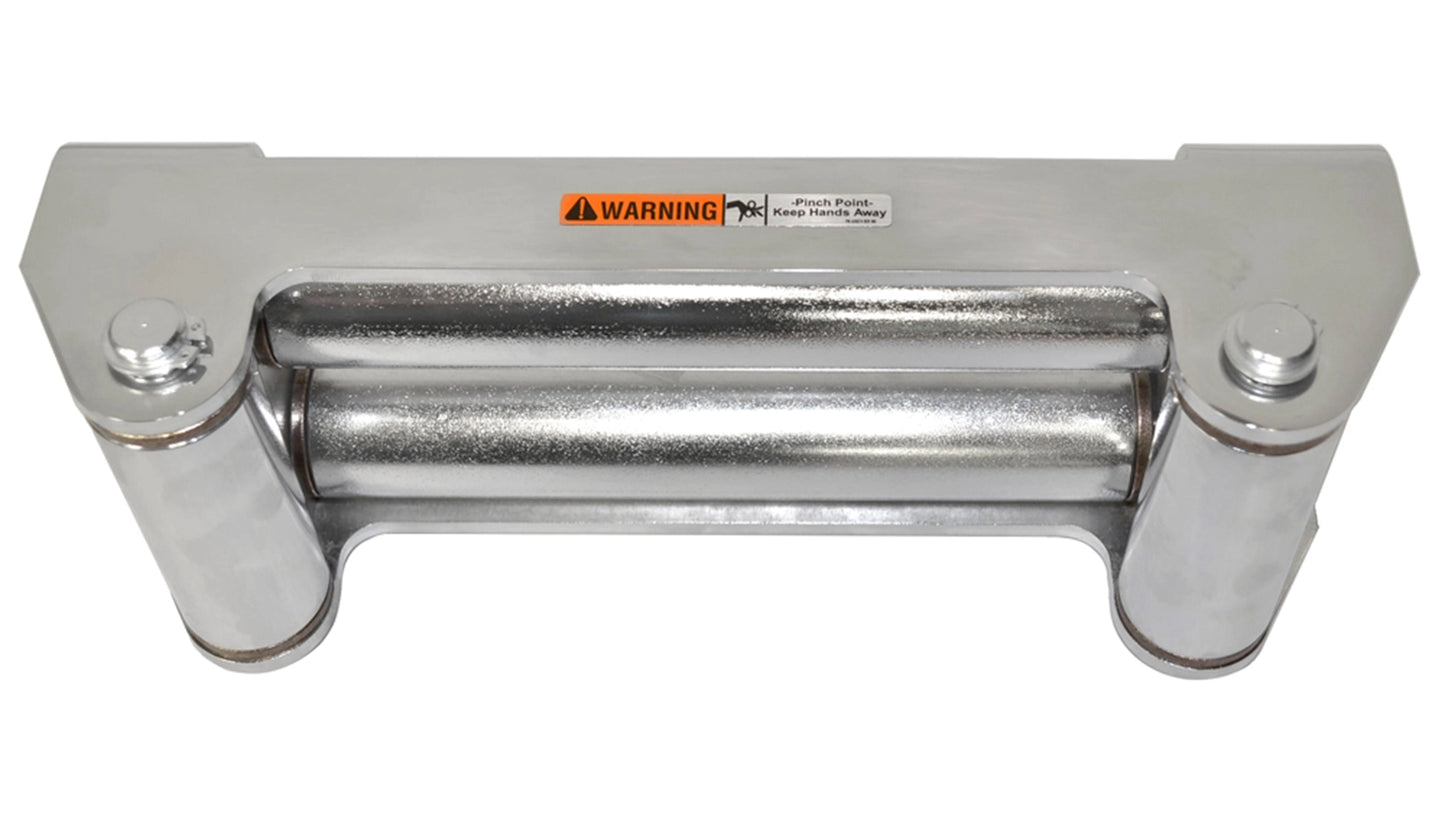 Angled view of the WARN Chrome-Plated Roller Fairlead, 10 in Drum