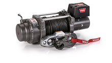 Angled view of the WARN M12-S 12,000 lb truck, Jeep, and SUV winch with 100 ft synthetic rope and hawse fairlead