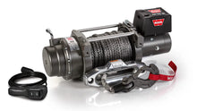 Angled view of the WARN M15-S 15,000 lb truck, Jeep, and SUV winch with 80 ft synthetic rope and hawse fairlead