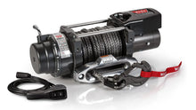 Angled view of the WARN 16.5ti-s 16,500 lb truck, Jeep, and SUV winch with 80 ft synthetic rope and hawse fairlead