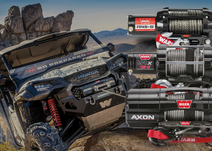 WARN powersports winch lineup graphic featuring AXON, VRX, and R-Series winches with different capacities, motor designs, and ATV/UTV recovery applications