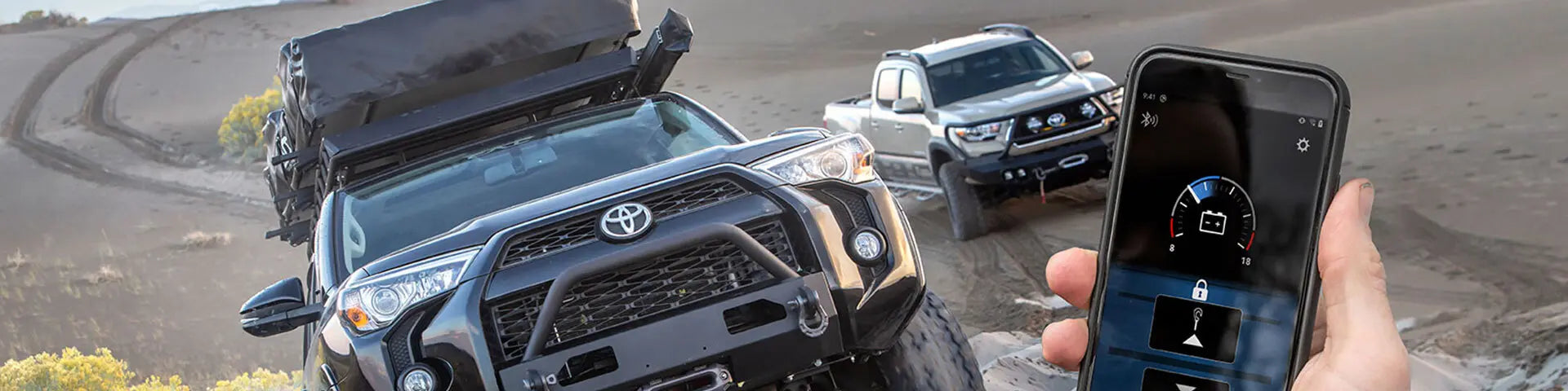 WARN HUB wireless winch control system banner with off-road vehicle