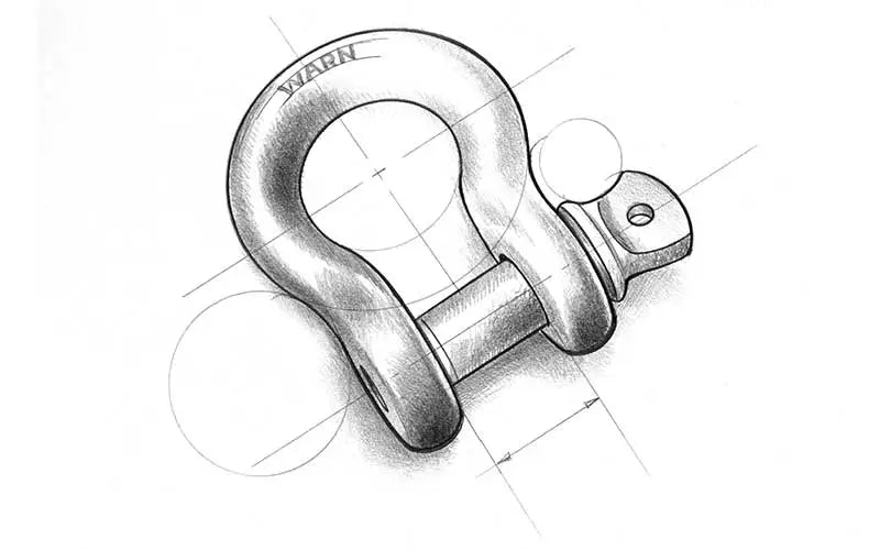 Clevis D-shackle connecting winch rope and recovery straps.